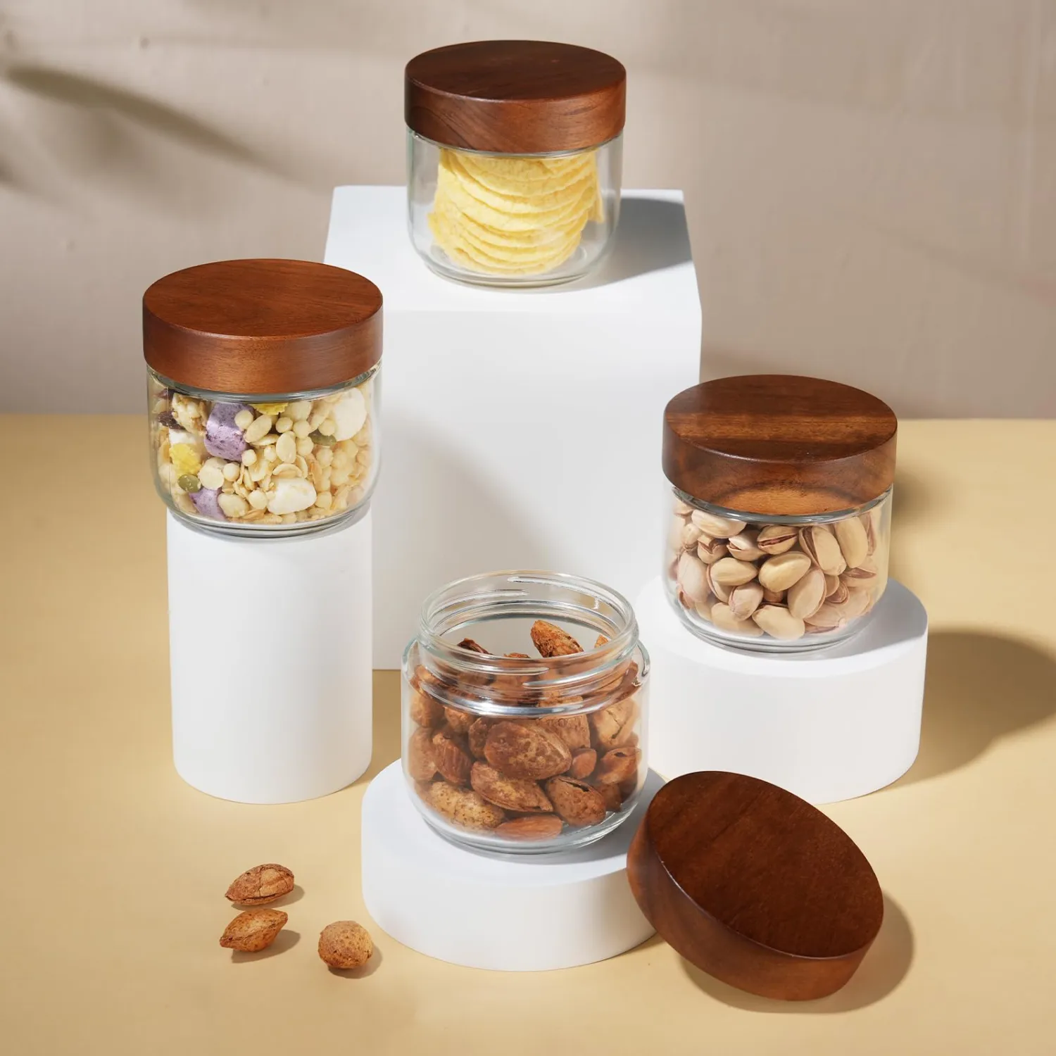 Bumobum 8 oz Glass Mason Jars with Lids, Small Glass Container with Acacia Wood Airtight Lid, Wide Mouth Canisters for Chia Pudding Loose Tea Coffee Salad Snacks Yogurt Spice, 2-Pack