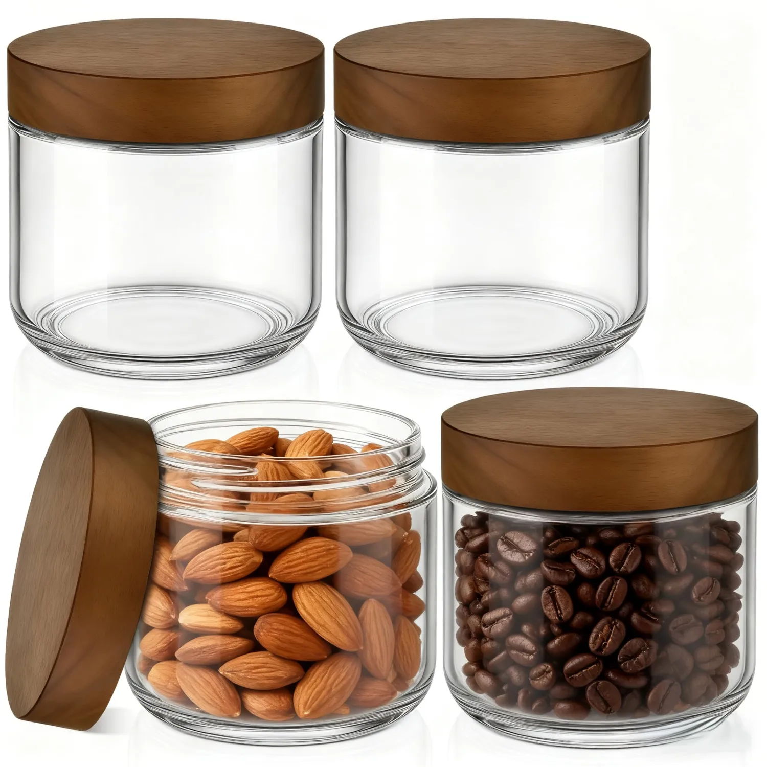 Bumobum 8 oz Glass Mason Jars with Lids, Small Glass Container with Acacia Wood Airtight Lid, Wide Mouth Canisters for Chia Pudding Loose Tea Coffee Salad Snacks Yogurt Spice, 4-Pack