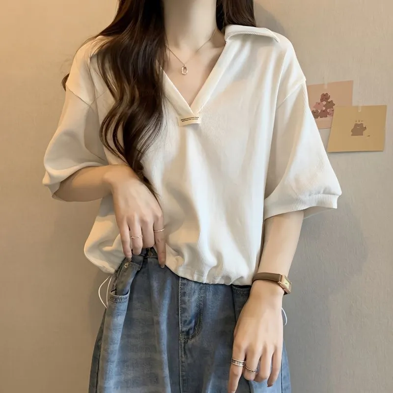 Plus-size Drawstring Loose-fit Figure-flattering Blouse