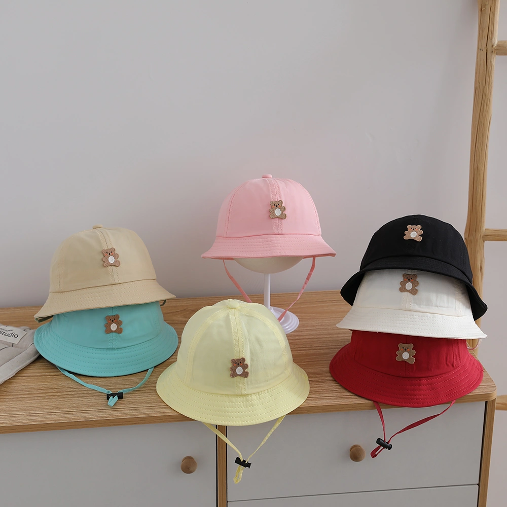 Summer Lightweight Candy-colored Children's Sun Hat With Drawstring, Embroidered Little Bear Pattern, Suitable For Both Boys And Girls, Versatile Sun Hat For Protection Against The Sun.