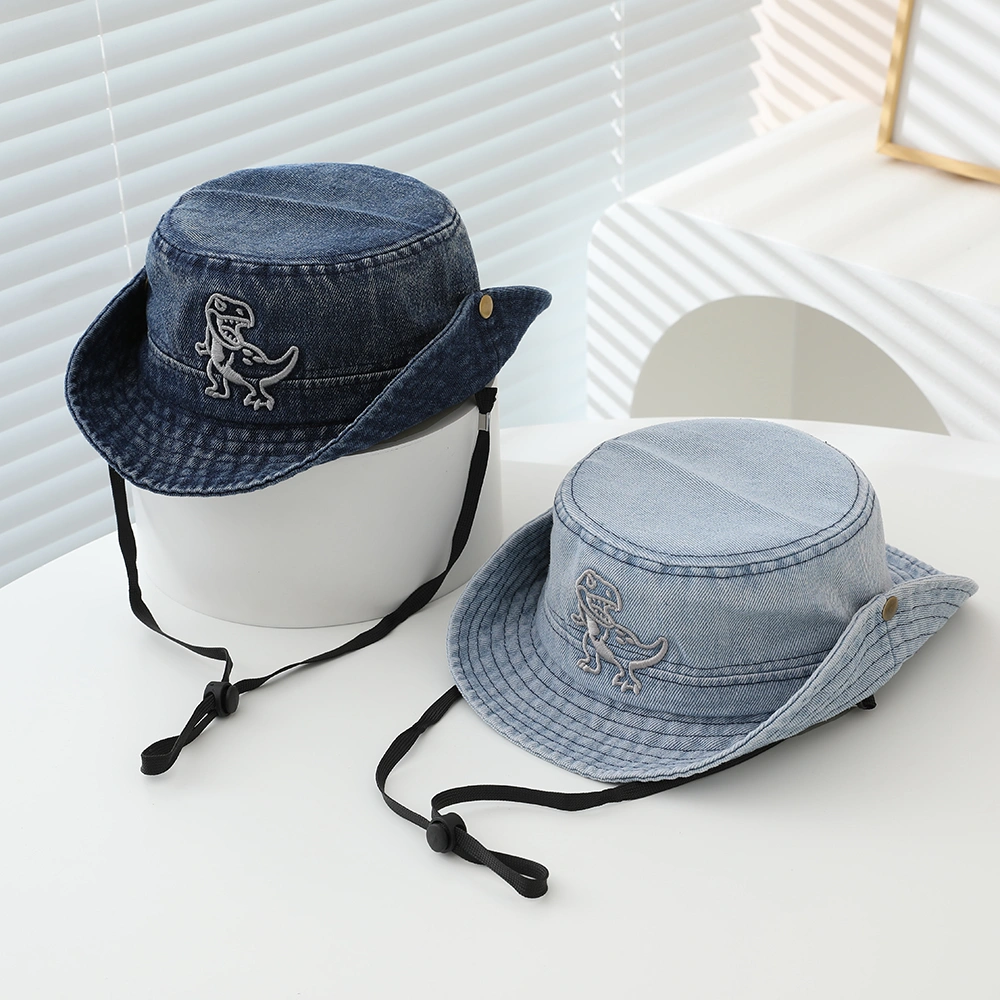 Children's Vintage Washed-out Distressed Embroidered Dinosaur Flat-top Adjustable Drawstring Boater Hat
