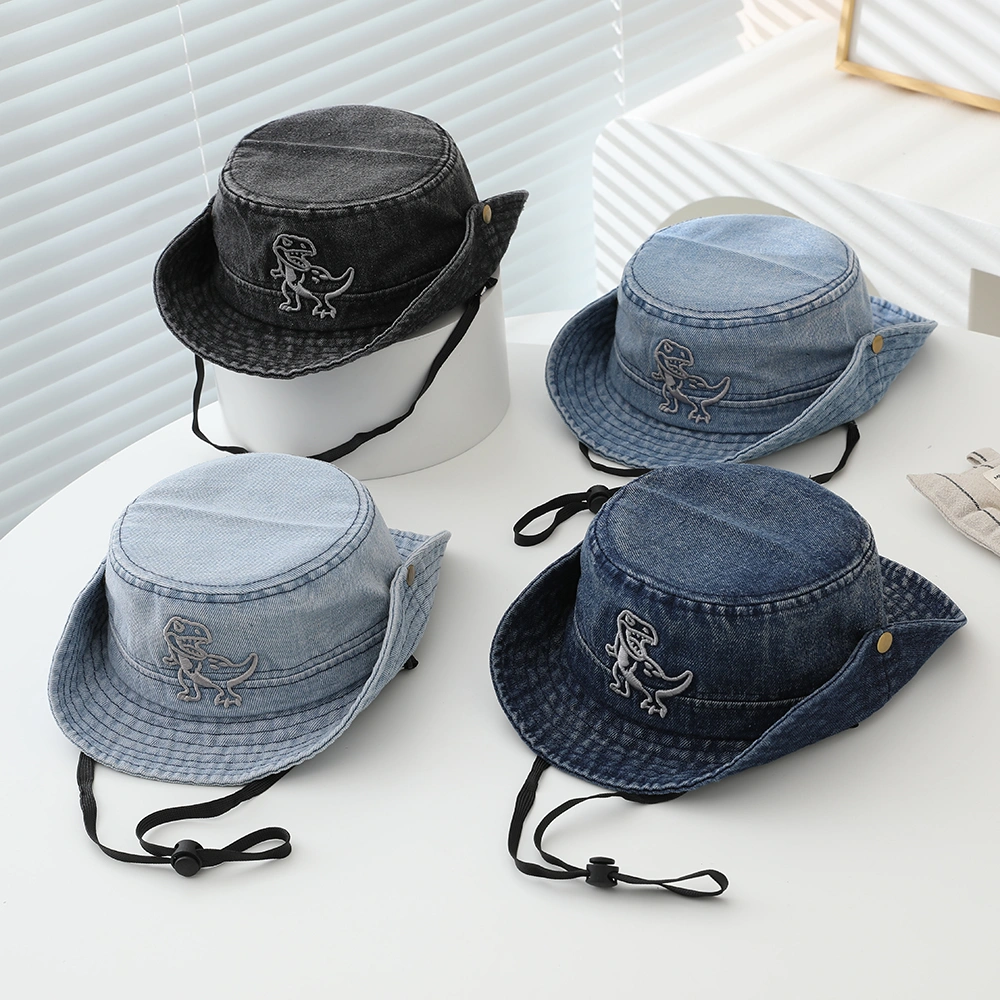 Children's Vintage Washed-out Distressed Embroidered Dinosaur Flat-top Adjustable Drawstring Boater Hat
