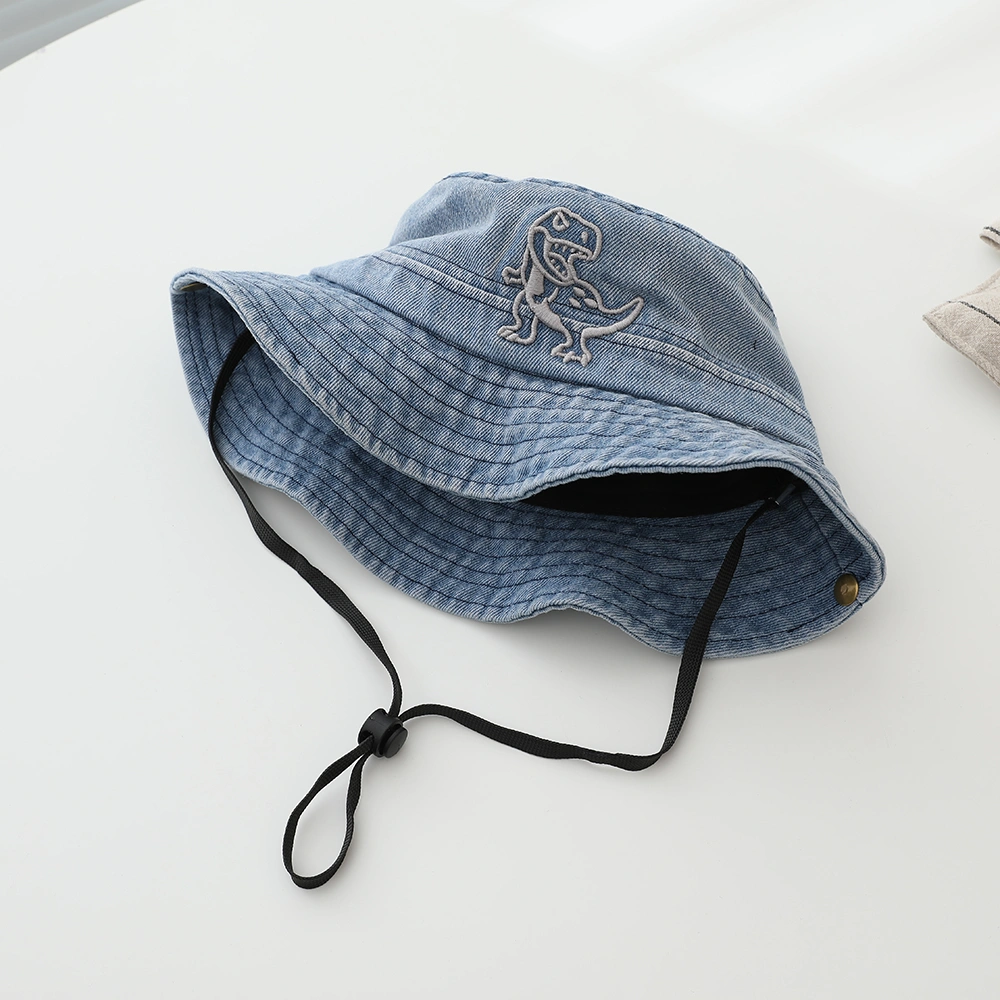 Children's Vintage Washed-out Distressed Embroidered Dinosaur Flat-top Adjustable Drawstring Boater Hat