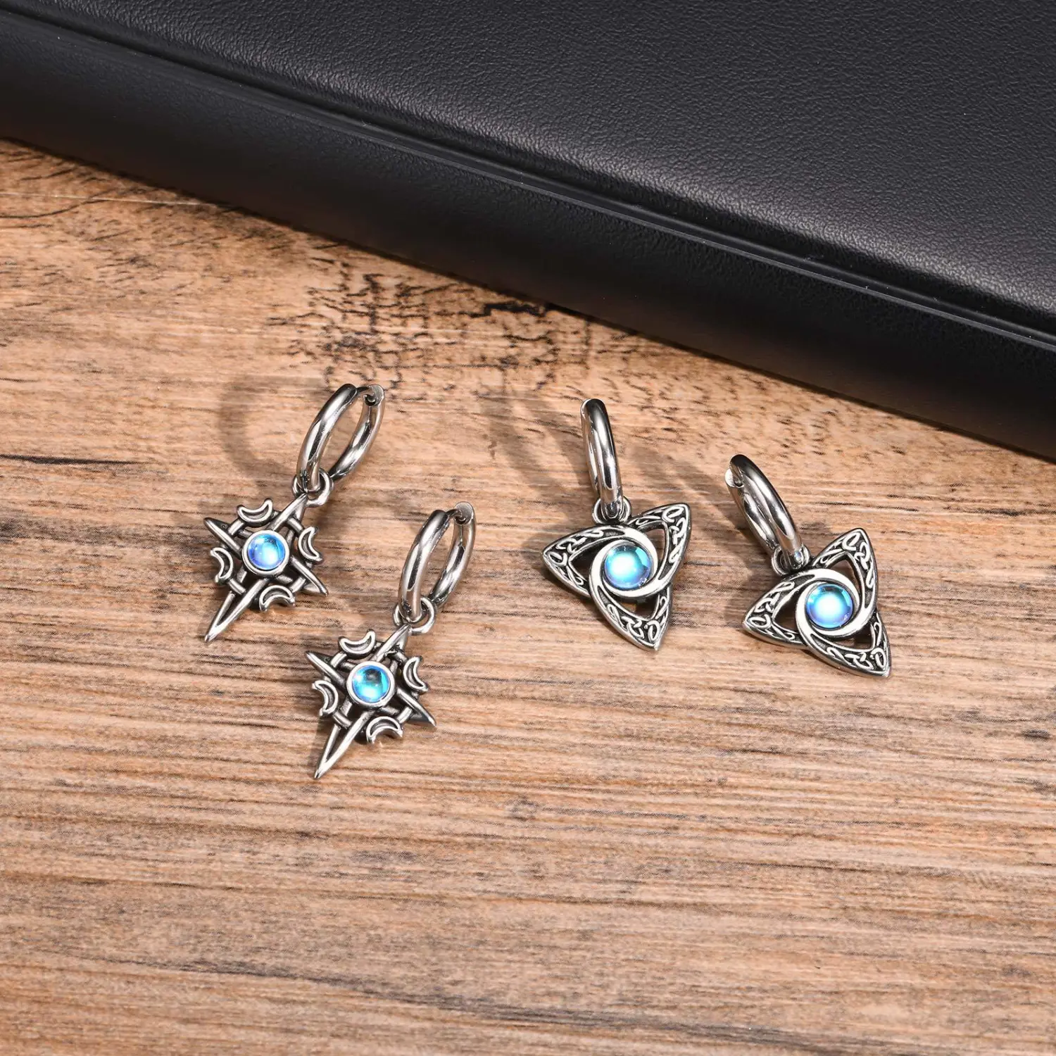 Stainless Steel Moon Four Eight-pointed Stars Moonstone Earrings
