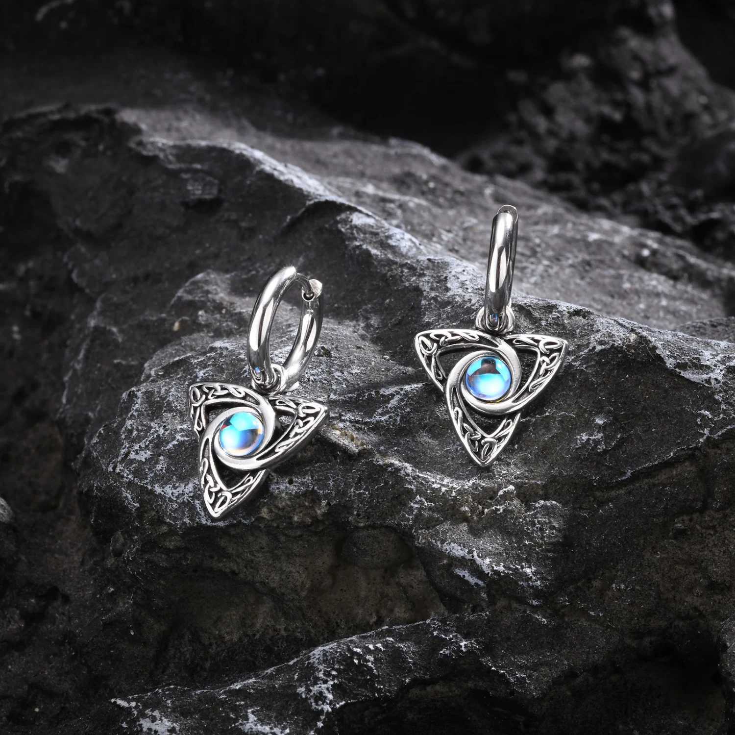 Stainless Steel Moon Four Eight-pointed Stars Moonstone Earrings
