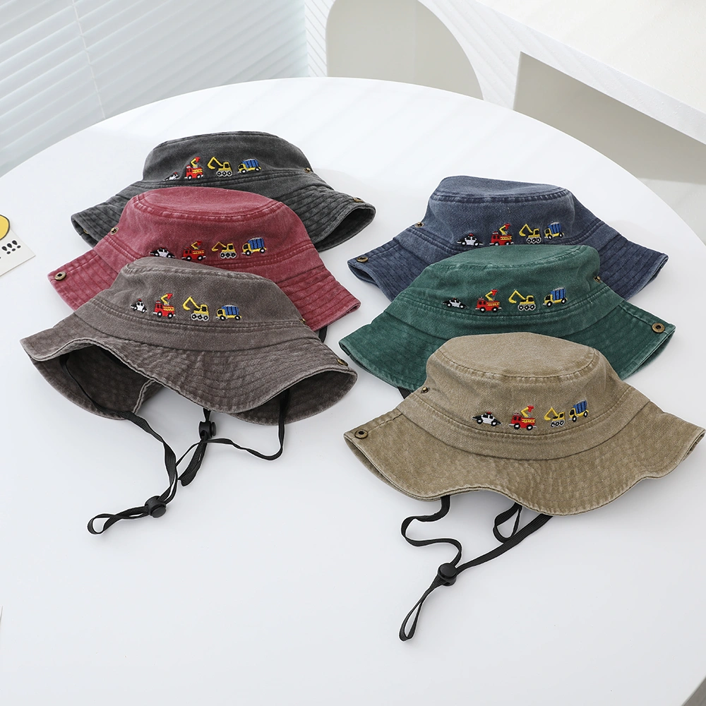 Children's Trendy Embroidered Cartoon Engineering Vehicle Flap Hat With Adjustable Drawstring And Rope