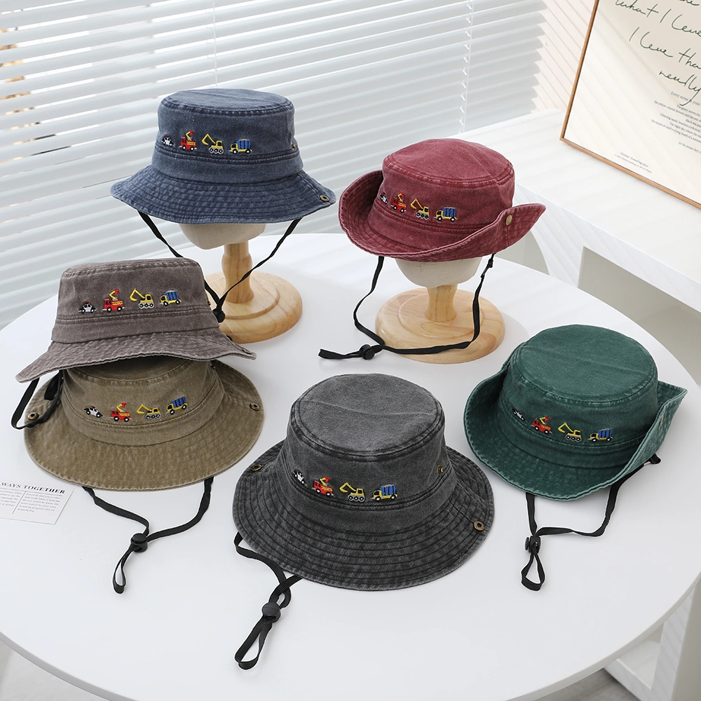 Children's Trendy Embroidered Cartoon Engineering Vehicle Flap Hat With Adjustable Drawstring And Rope