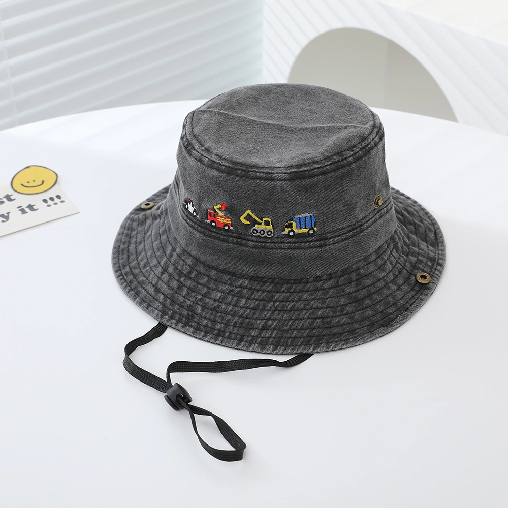 Children's Trendy Embroidered Cartoon Engineering Vehicle Flap Hat With Adjustable Drawstring And Rope