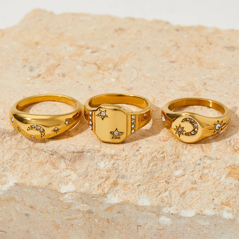 Stainless Steel 18K Gold Star And Moon Ring Jewelry