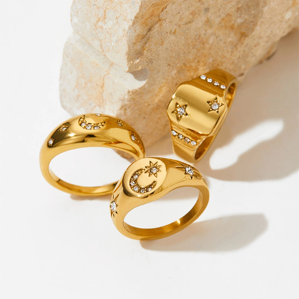 Stainless Steel 18K Gold Star And Moon Ring Jewelry