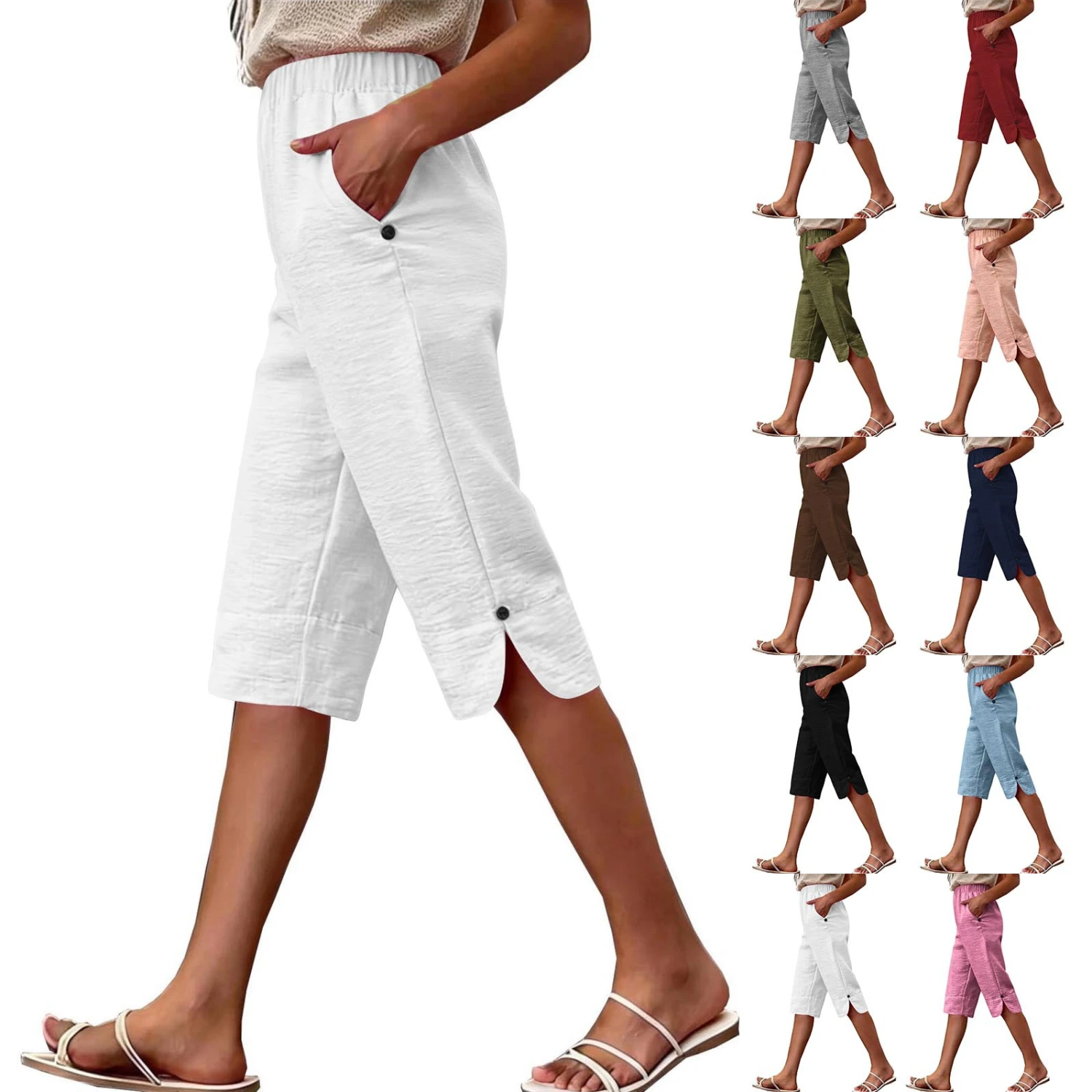 Womens Summer High-waisted Elastic Straight-leg Casual Pants