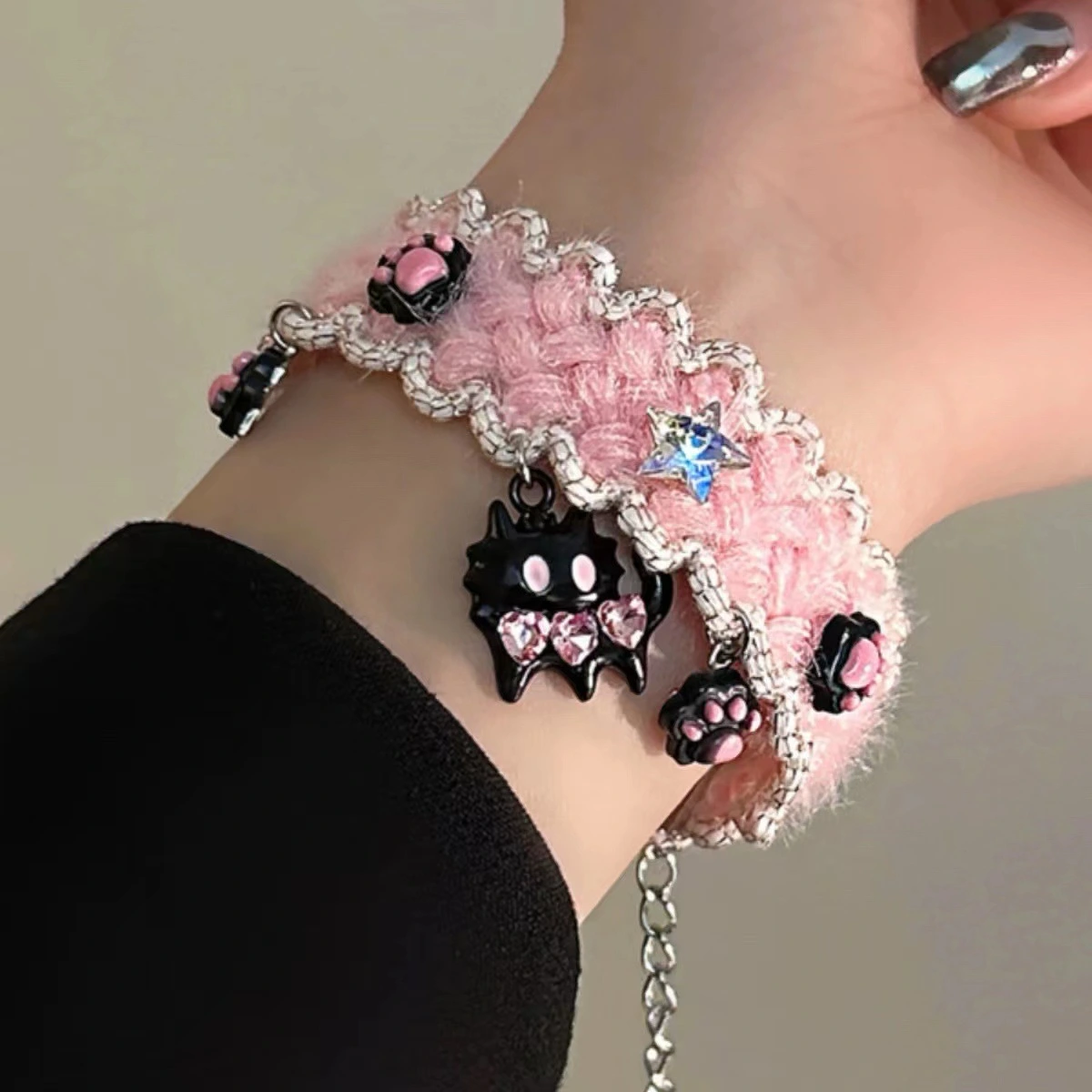Cute Cat Paw Plush Necklace And Bracelet Set