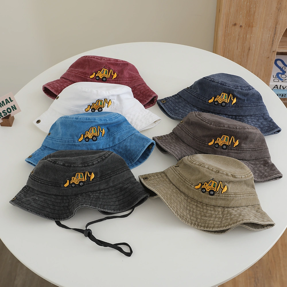 Children's Cartoon Embroidered Mini Excavator Fringed Hat With Rope And Adjustable Brim