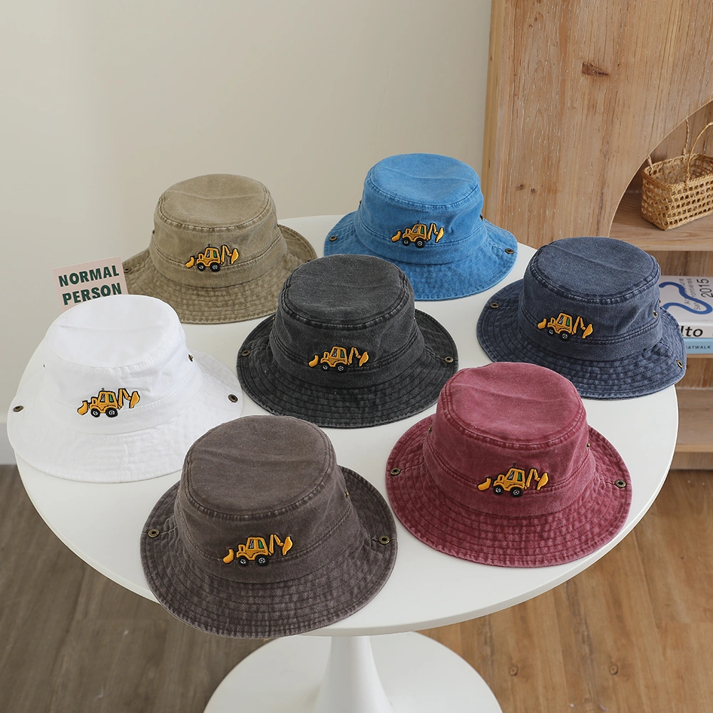 Children's Cartoon Embroidered Mini Excavator Fringed Hat With Rope And Adjustable Brim