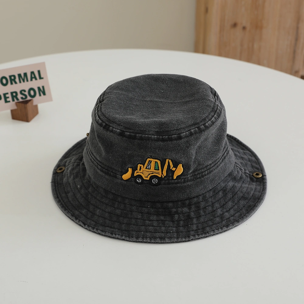 Children's Cartoon Embroidered Mini Excavator Fringed Hat With Rope And Adjustable Brim