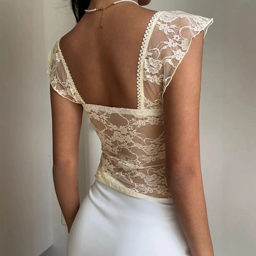 Lace V-neck Ruffled Demure-Style Short Shirt