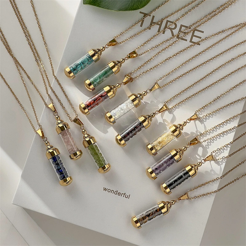 Multicolor Crushed Stone Bottle Stainless Steel Pendant Choker Necklace