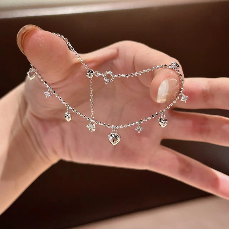 Sweet And Alluring Heart-shaped Zircon Tassel Anklet And Bracelet