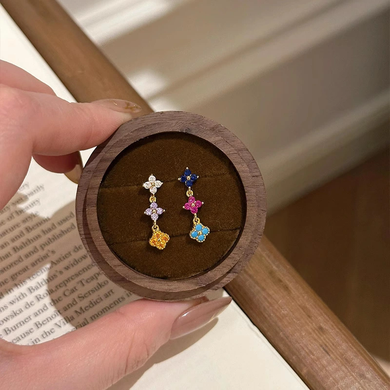 Sweet Colorful Zircon Delicate Four-leaf Clover Stud Earrings Necklace And Ring Set