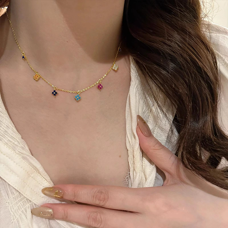 Sweet Colorful Zircon Delicate Four-leaf Clover Stud Earrings Necklace And Ring Set