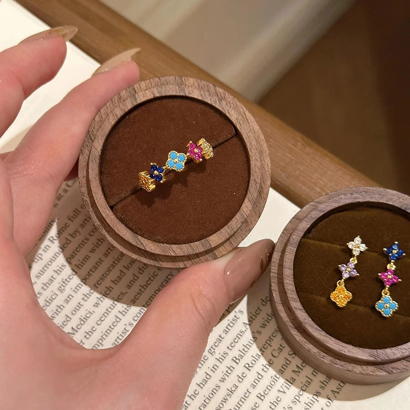 Sweet Colorful Zircon Delicate Four-leaf Clover Stud Earrings Necklace And Ring Set