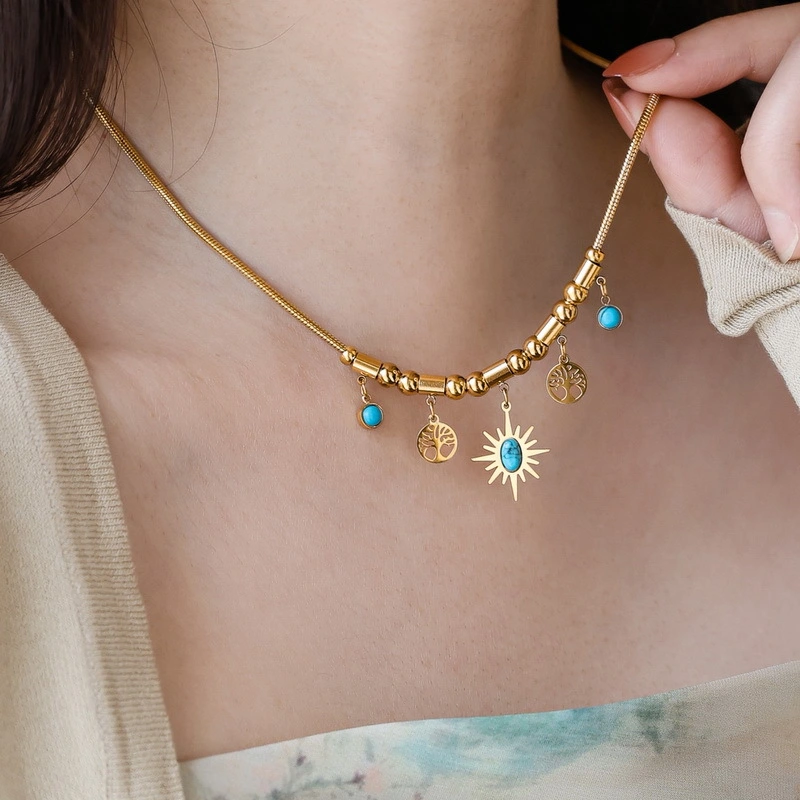 Tree Of Life Blue Turquoise Necklace And Bracelet