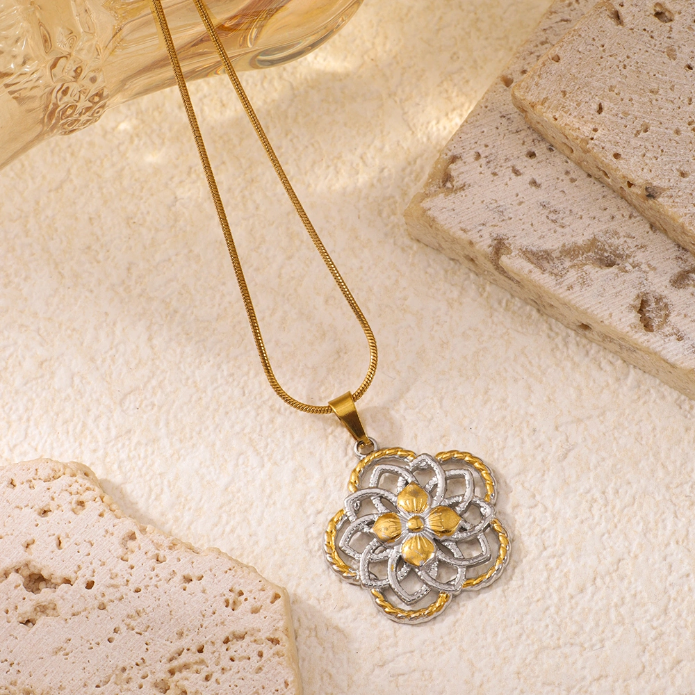 Stainless Steel Double-color Flower-shaped Pendant Necklace