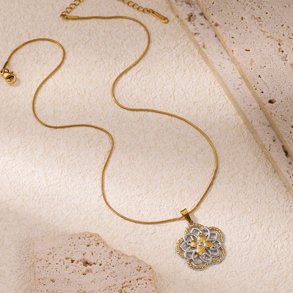 Stainless Steel Double-color Flower-shaped Pendant Necklace