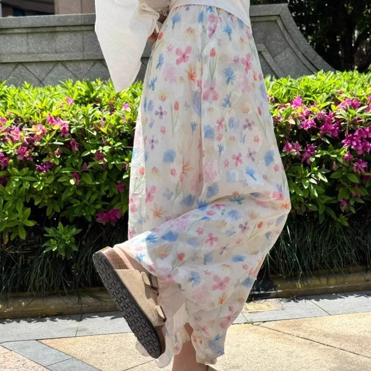 Short-statured Ice-silk Casual Loose-fit Floral Wide-leg Pants