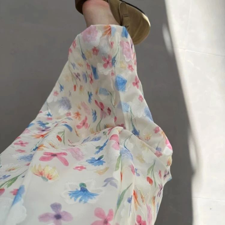 Short-statured Ice-silk Casual Loose-fit Floral Wide-leg Pants