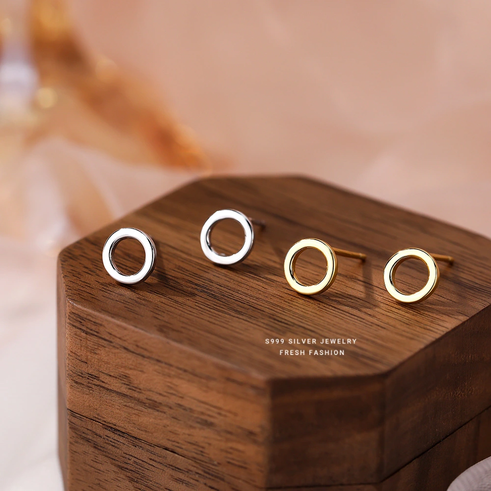 S999 Pure Silver Geometric Circle Stud Earrings Womens Basic Versatile Style