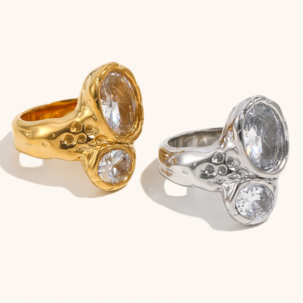 Womens Stainless Steel Double-Head Ring With Zircon