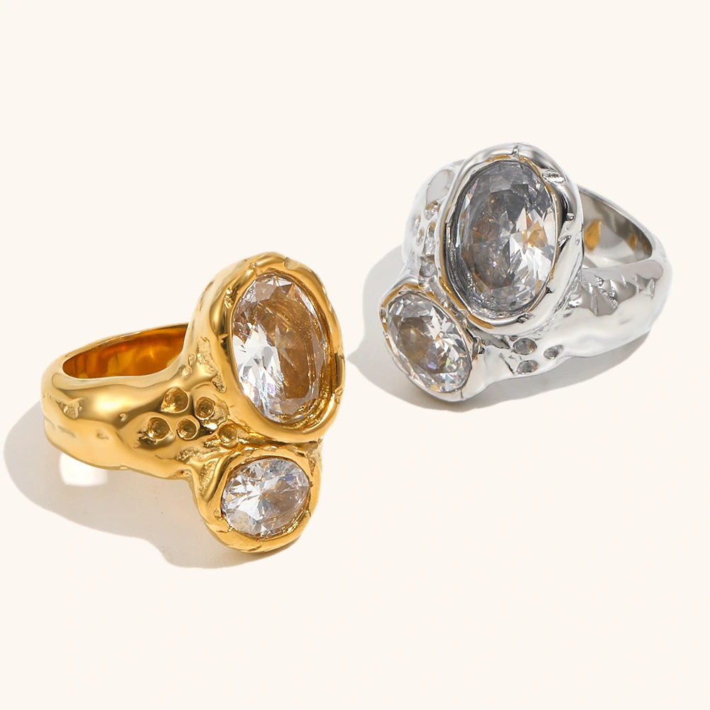 Womens Stainless Steel Double-Head Ring With Zircon