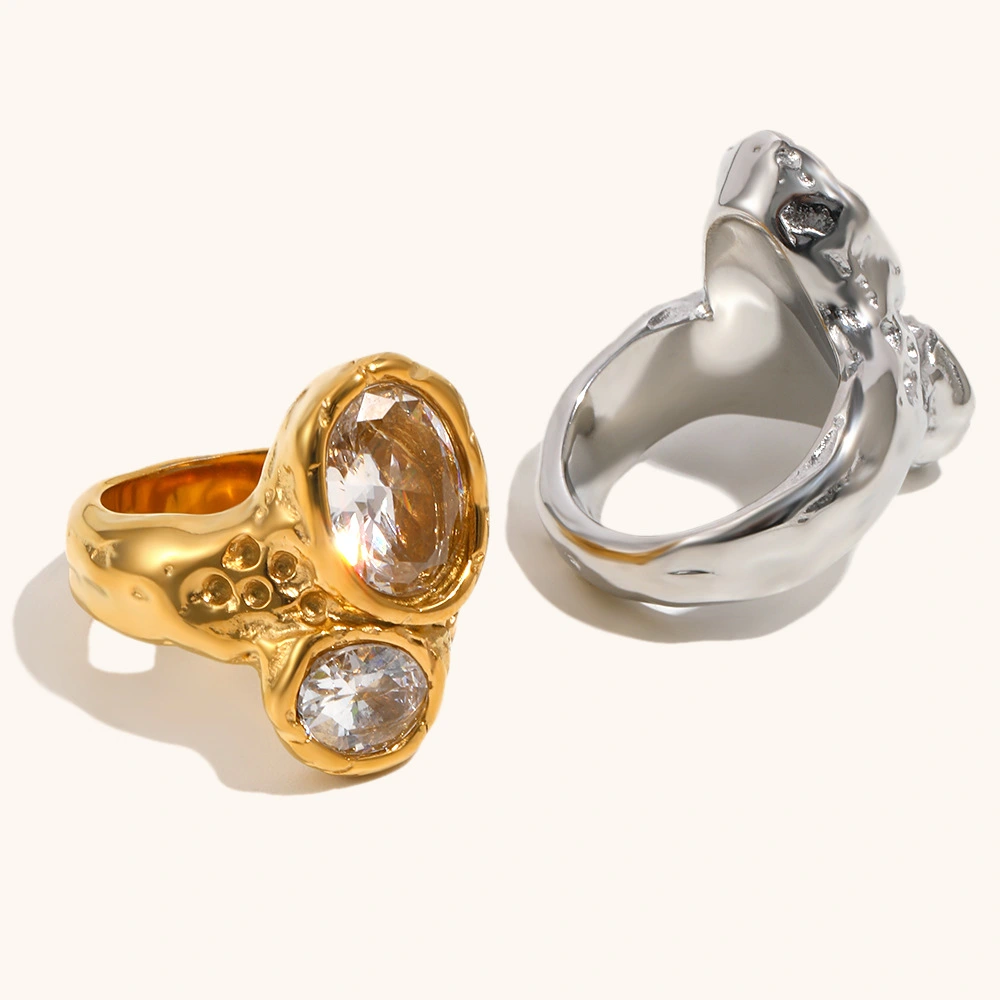 Womens Stainless Steel Double-Head Ring With Zircon