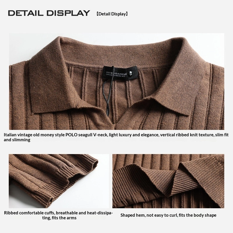 Light-luxury High-end Polo Knit With A Notched Collar And Vertical Stripes