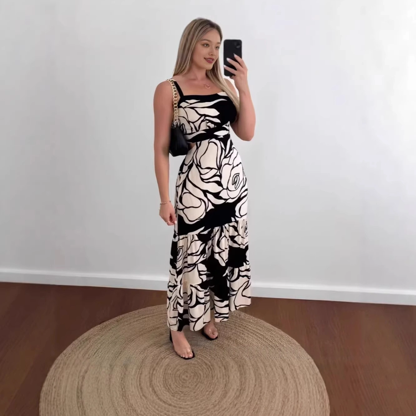 Womens Rose-Print Strap Casual Dress