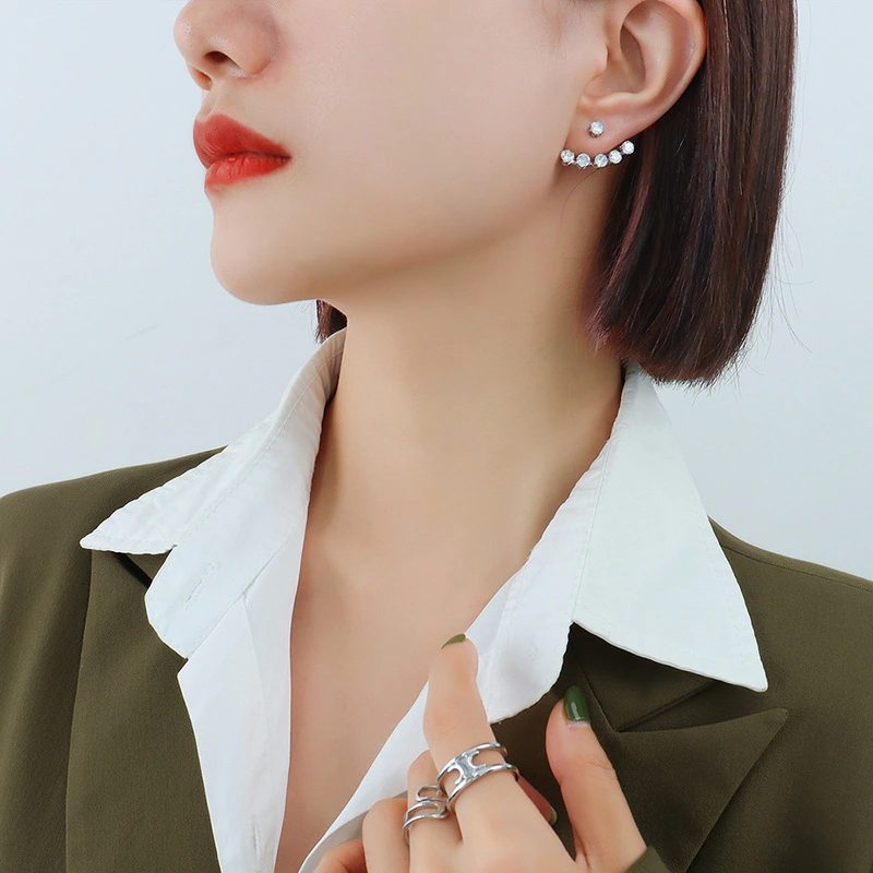 Stainless Steel Round-Claw Zircon Earrings Simple Style For Women