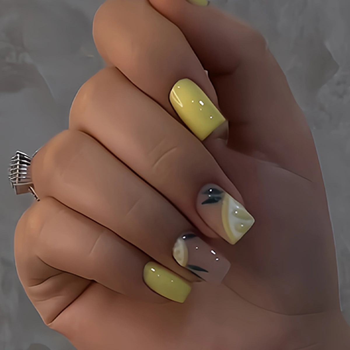 Short Square Yellow Lemon Fake Nails For Summer