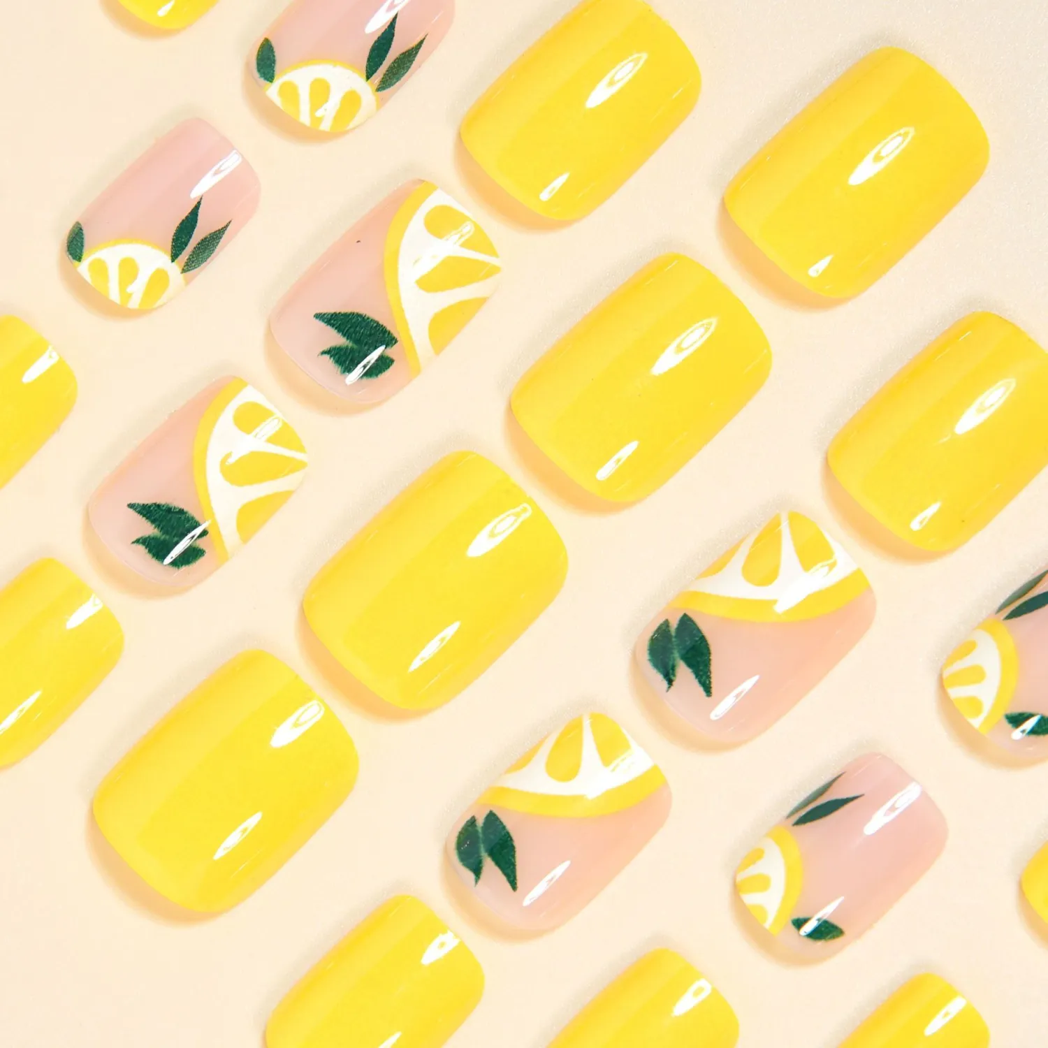 Short Square Yellow Lemon Fake Nails For Summer