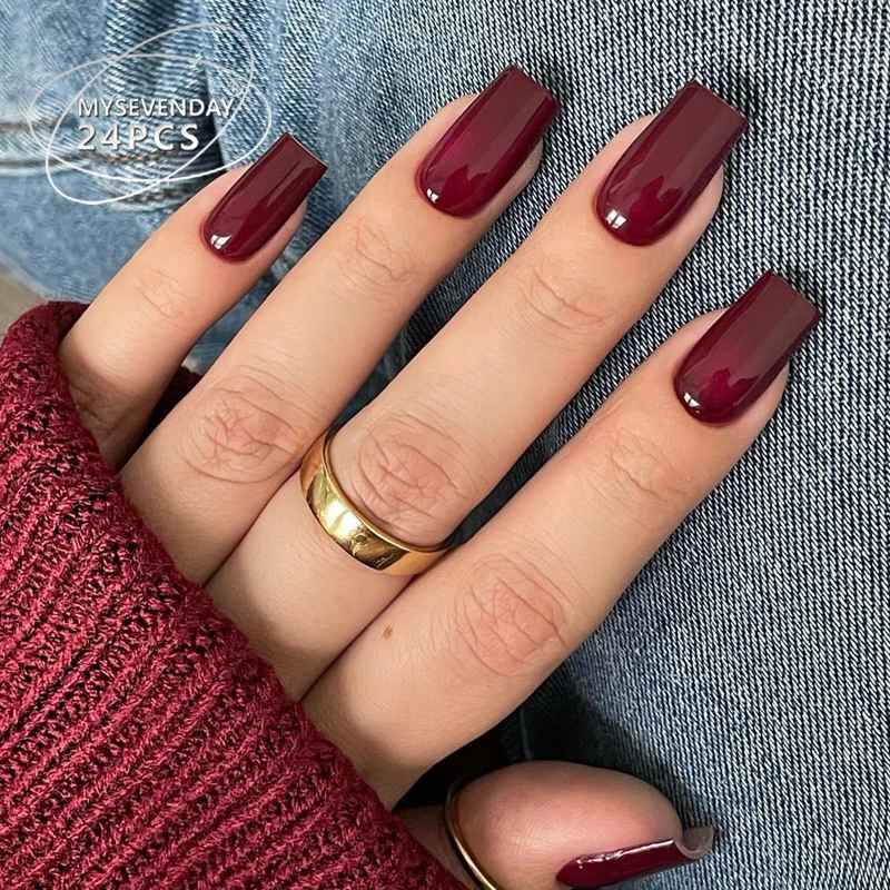 Detachable Classic Solid-color Wine-red Square Nail Art