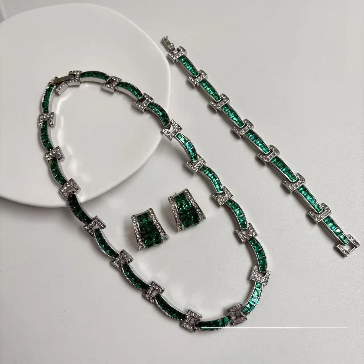 French Court-Style Diamond-Inlaid Patchwork Necklace Bracelet And Earrings