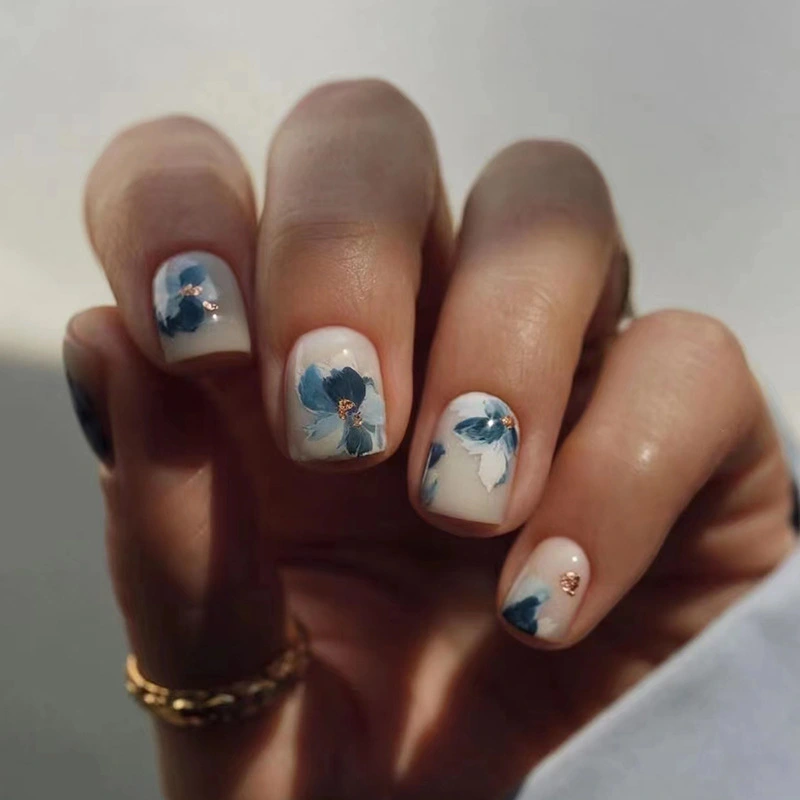 New Arrival Blue Ombre Camellia Vintage Nail Art