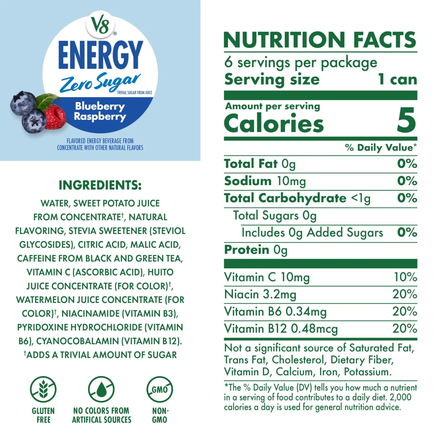 V8 Energy Zero Sugar Blueberry Raspberry, 8 fl. oz. Can (6 Pack)