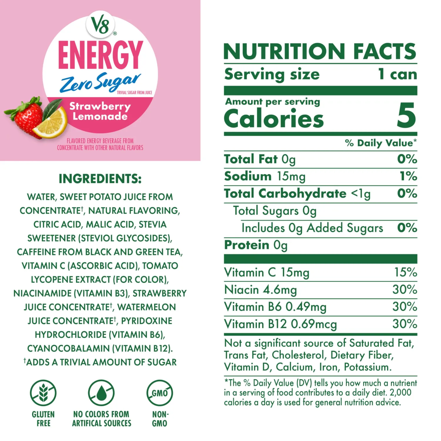 V8 Energy Zero Sugar Strawberry Lemonade, 11.5 fl. oz. Can (12 Pack)
