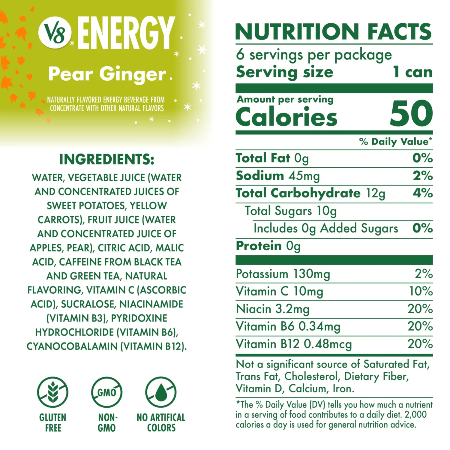 V8 Energy Pear Ginger Energy Drink, 8 fl oz Can (6 Pack)