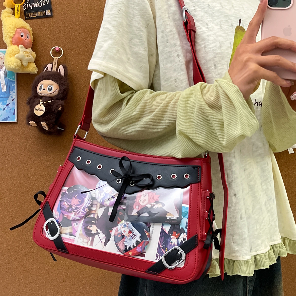 Ribbon-transparent Badge Crossbody Bag