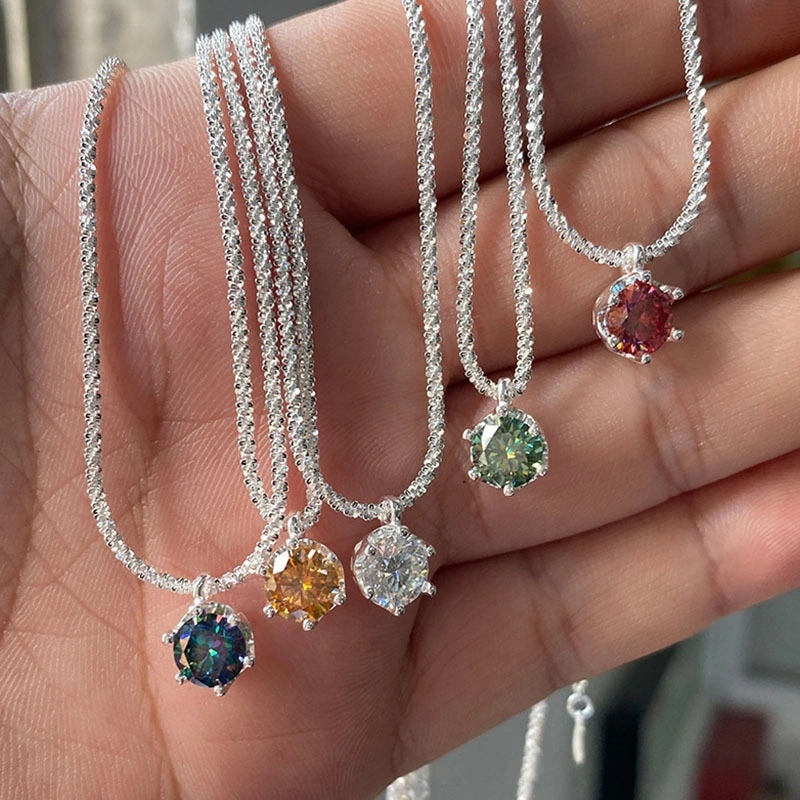 S925 Sterling Silver Six-prong Colored Moissanite Necklace