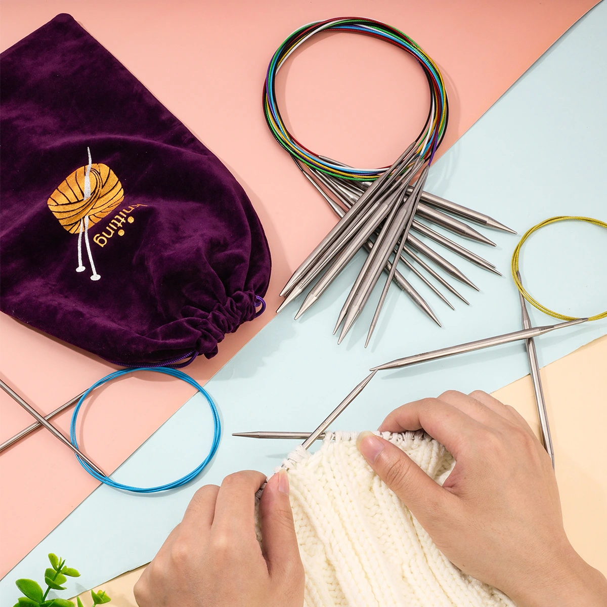 Circular Knitting Needles With Colored Steel Cable And Stainless Steel Ring