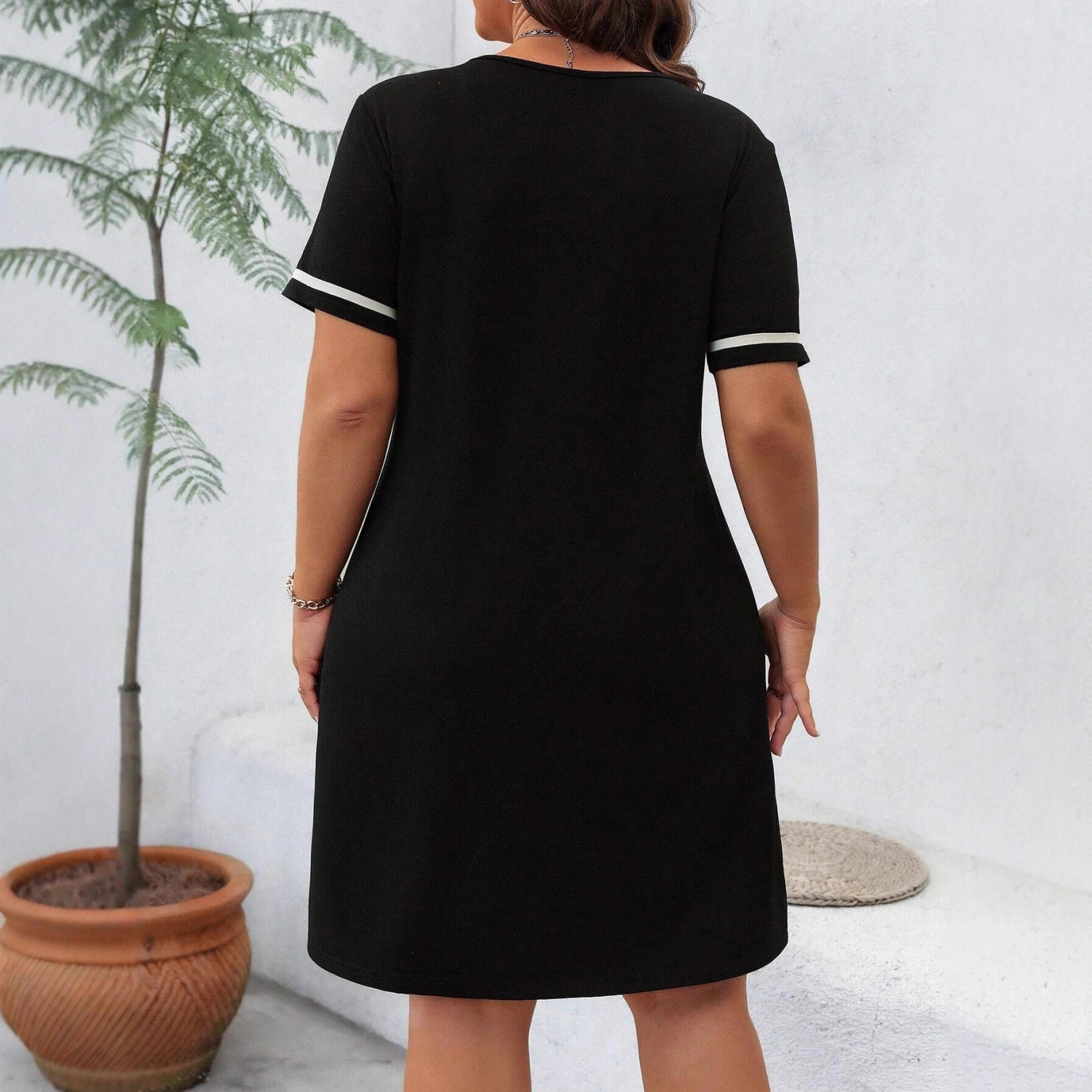Solid Color V Neck Dress - Women's Minimalist Fashion Midi Dress with Slim Fit