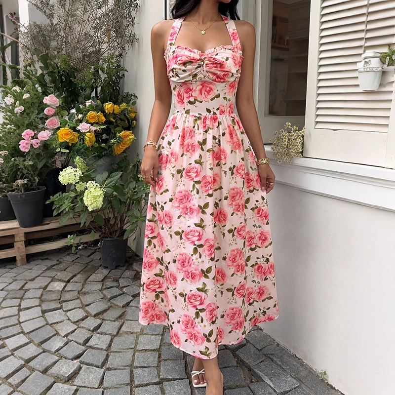 Summer New Style French-Style Floral Halter Dress For Women